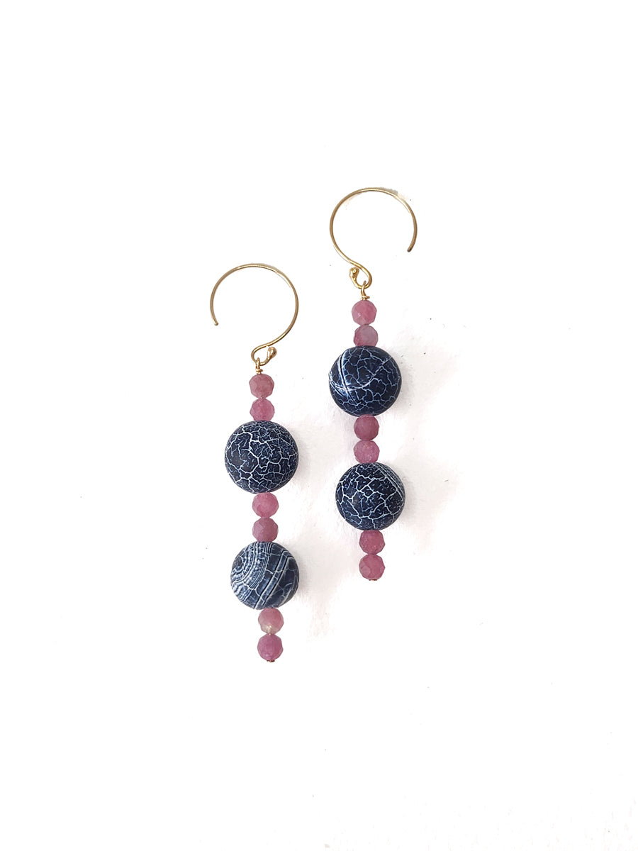 Black Fire Agate and Pink Tourmaline Earrings