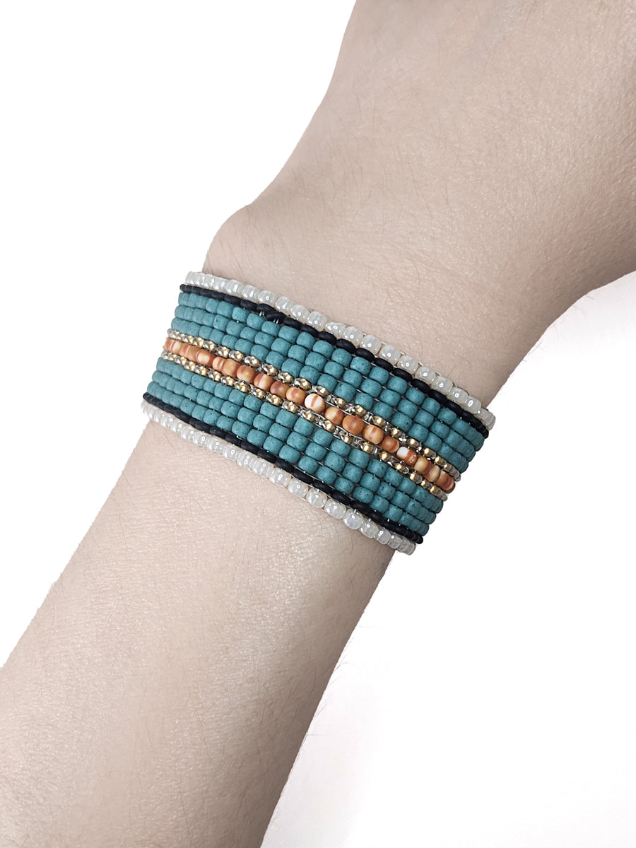 Turquoise and Coral Beaded Cuff
