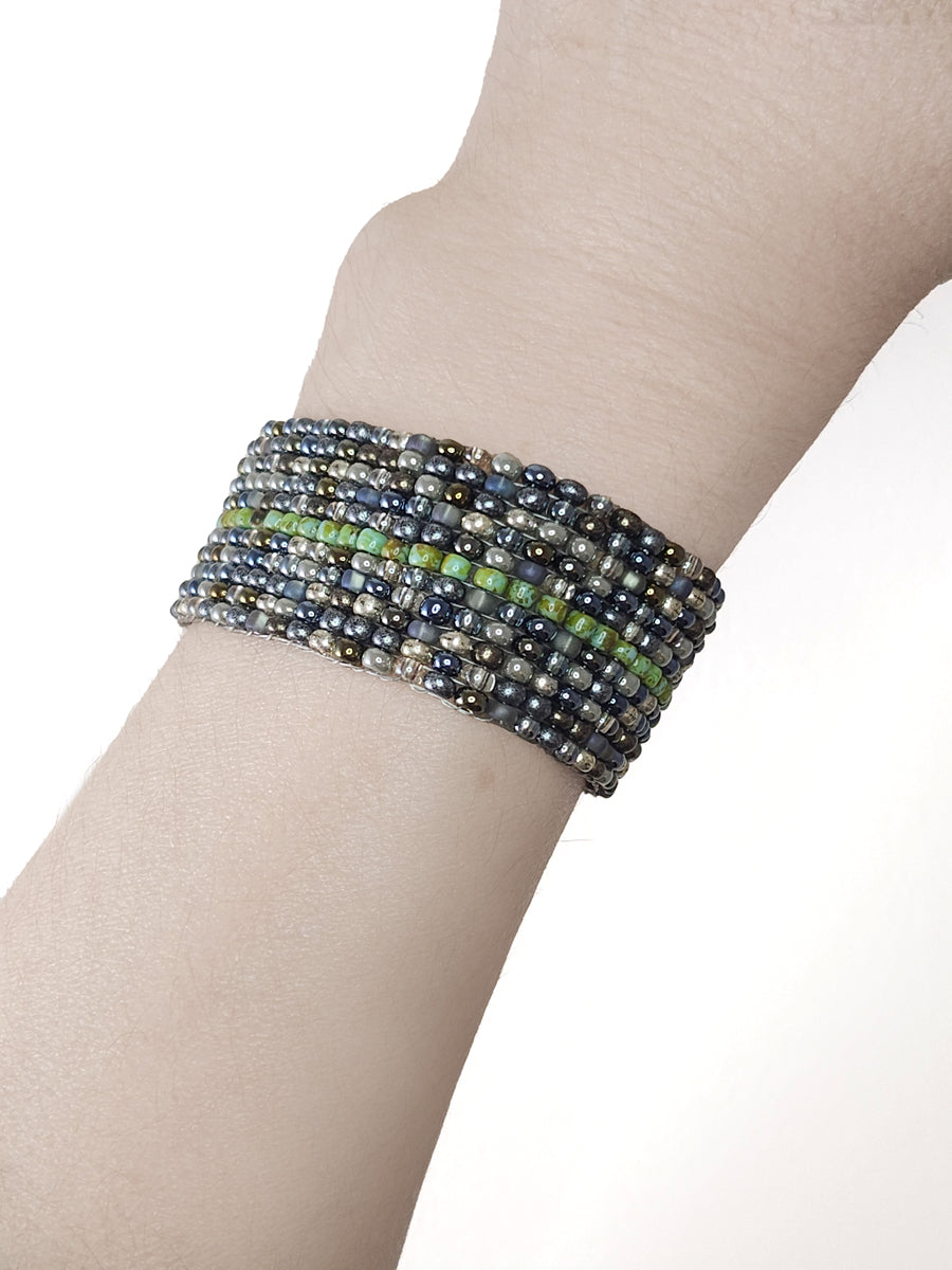 Gray and Green Beaded Cuff