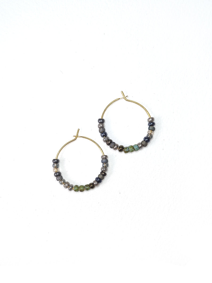 Gray and Green Beaded Hoops