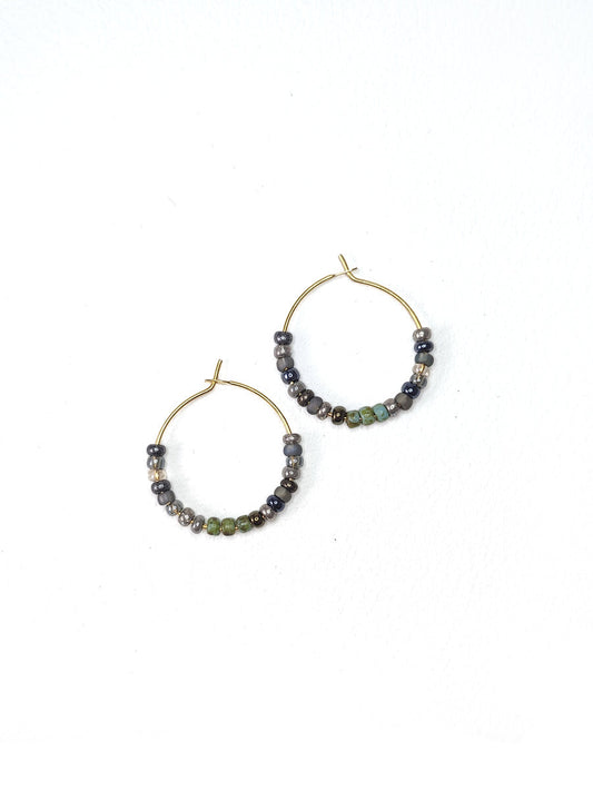 Gray and Green Beaded Hoops