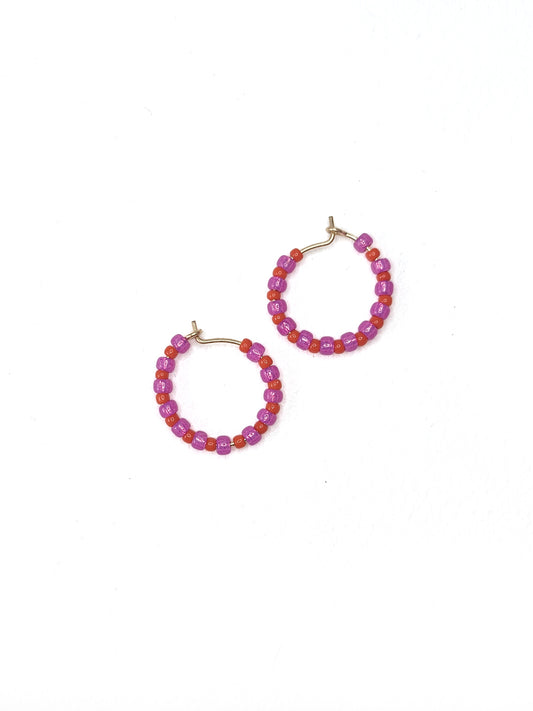 Pink and Red Beaded Mini Hoops