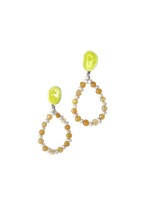 Sterling Silver Yellow Enamel Opal Pearl Earrings